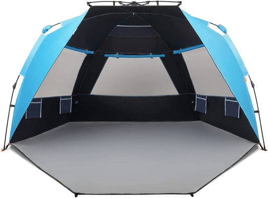 Instant Shader Dark Shelter XL Beach Tent 99" Wide for 4-6 Person Sun Shelter UPF 50+ with Extended Zippered Porch Pacific Blue