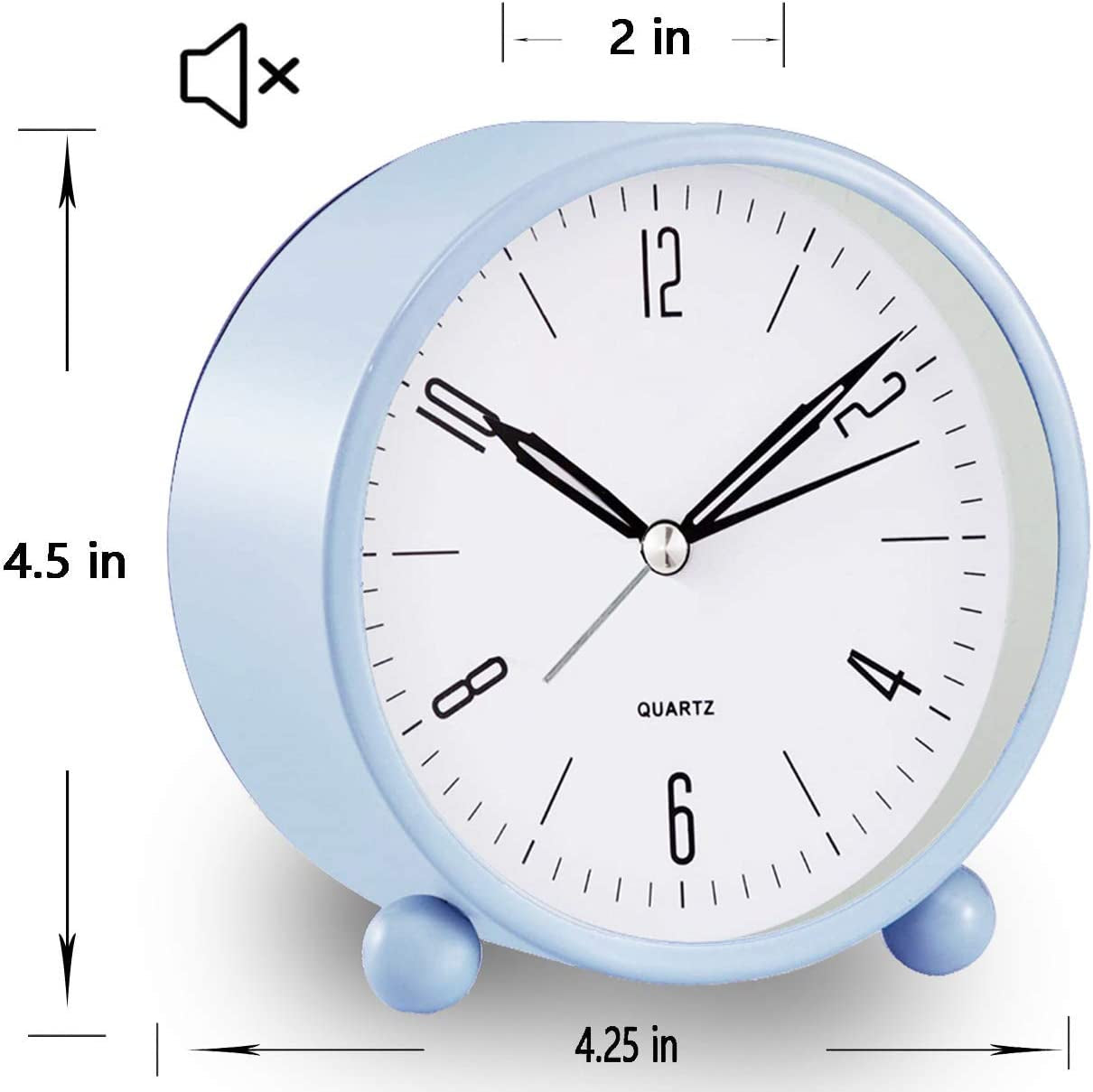 Analog Alarm Clock, 4 Inch Super Silent Non Ticking Small Clock with Night Light, Battery Operated, Simply Design, for Bedroon, Bedside, Desk, (Sky Blue)