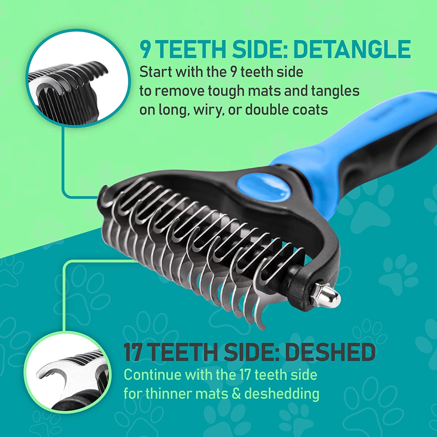 Pet Grooming Brush - Double Sided Shedding and Dematting Undercoat Rake Comb for Dogs and Cats,Extra Wide, Blue, Dog Grooming Brush, Dog Shedding Brush