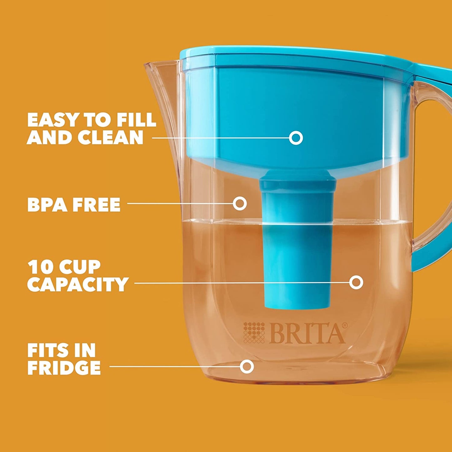 Large Water Filter Pitcher for Tap and Drinking Water with 1 Elite Filter, Reduces 99% of Lead, Lasts 6 Months, 10-Cup Capacity, BPA Free, Turquoise