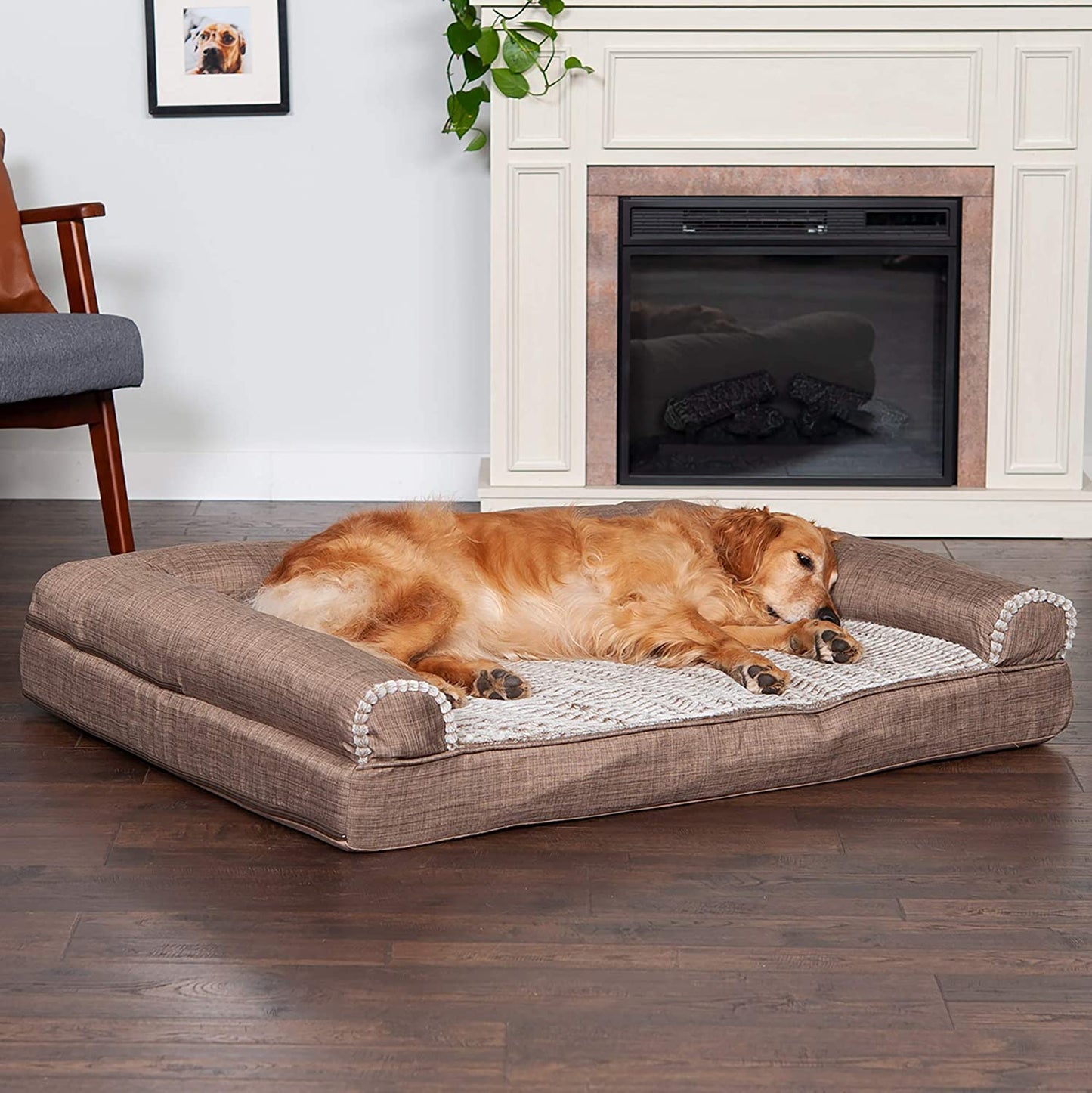 Furhaven Orthopedic Dog Bed for Large Dogs W/ Removable Bolsters & Washable Cover, for Dogs up to 95 Lbs - Luxe Faux Fur & Performance Linen Sofa - Woodsmoke, Jumbo/Xl